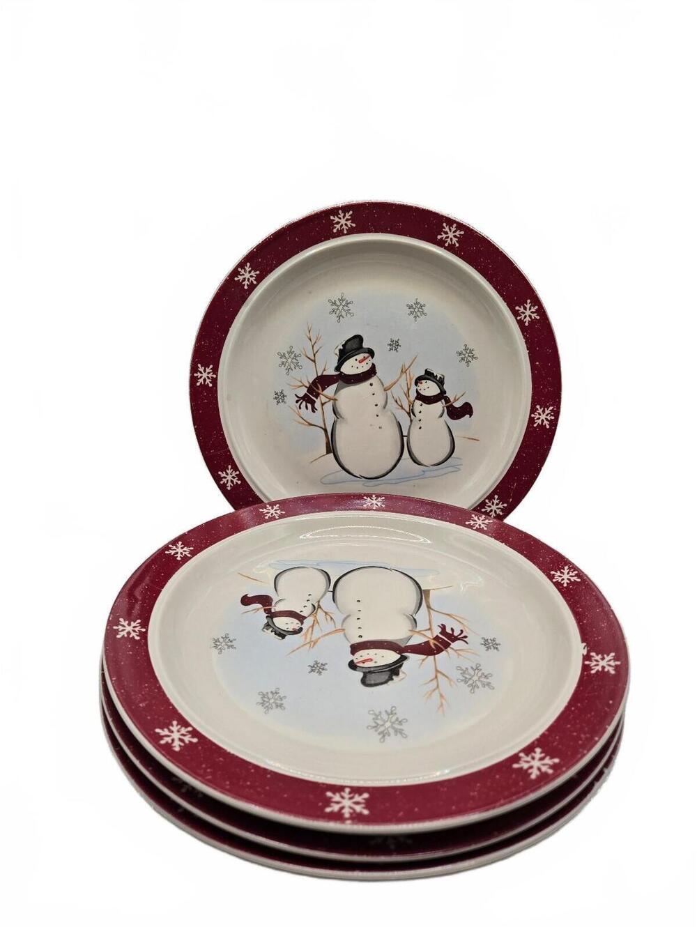 10.25" Royal Seasons Stoneware Snowman Dinner Plates Set of 4 with Red trim